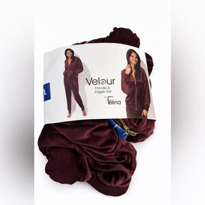 Felina Velour Lounge Set (Hoodie + Joggers) — Wine/Burgundy — L — MSRP $68